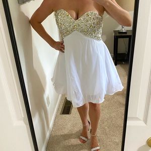 White and gold beaded cocktail dress